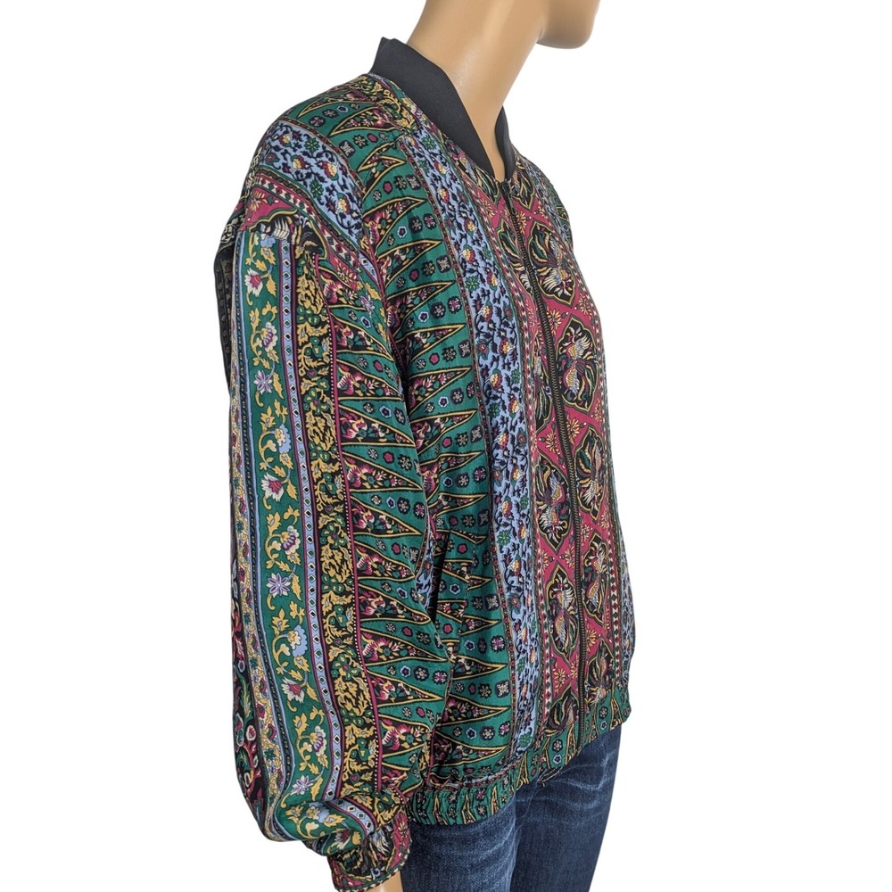 Silk Club Vintage Paisley Floral Print Silk Bomber Jacket Zip Up Sz S - Picture 2 of 7